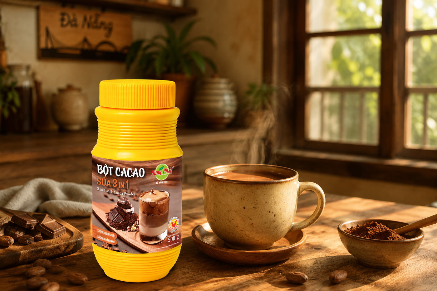 Bột Cacao Sữa 3in1 Hùng Phát - Căn bếp của ba tôi nhỏ, chỉ vừa một cái bàn gỗ và chiếc tủ đựng đồ ăn kê sát