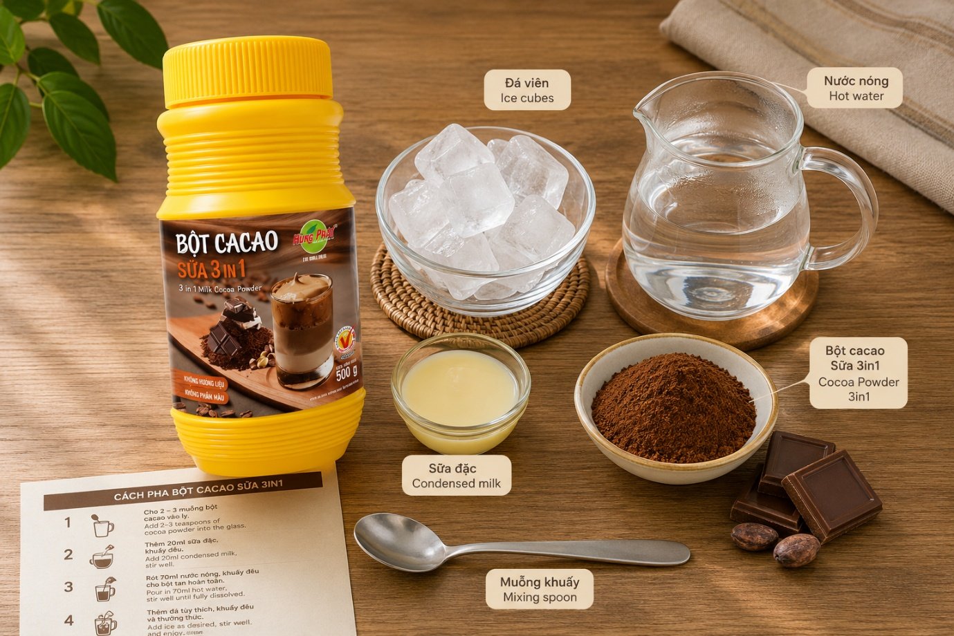 Bột Cacao Sữa 3in1 Hùng Phát - 1. Nguyên Liệu Pha Một Ly Cacao Sữa Lạnh