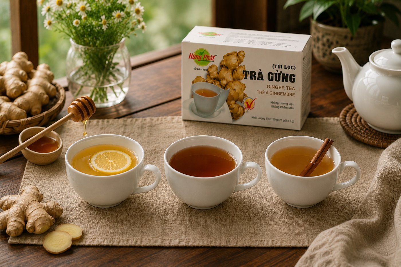 Trà Gừng Hùng Phát - Cùng một hộp trà gừng, có thể pha theo 3 cách khác nhau cho 3 thời điểm