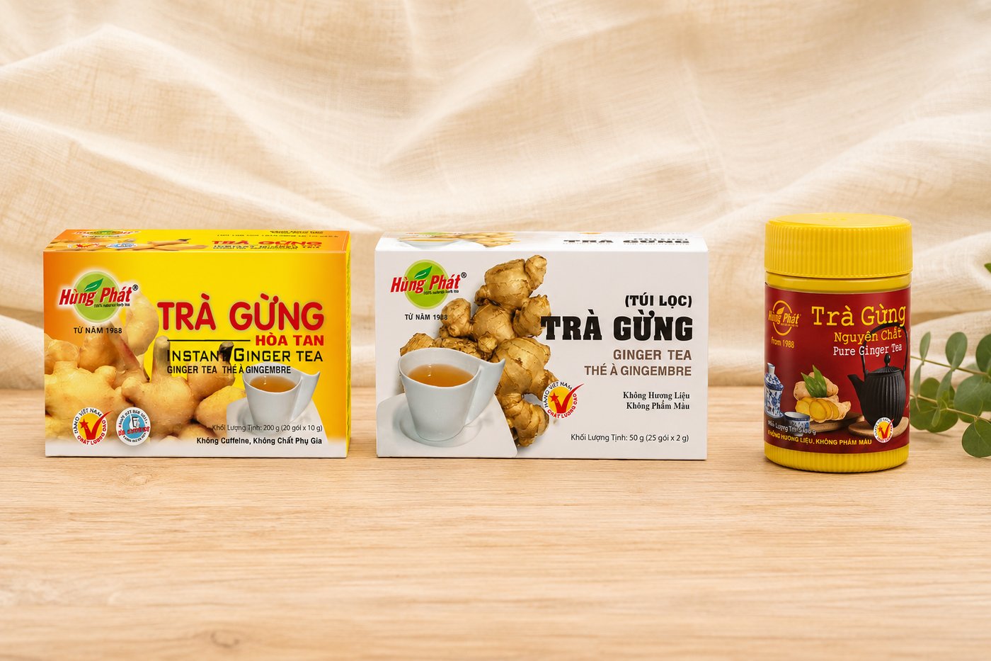 Trà Gừng Hùng Phát - Trà gừng có ba dòng phổ biến trên thị trường: hòa tan (gừng + đường + phụ liệu, vị ngọt