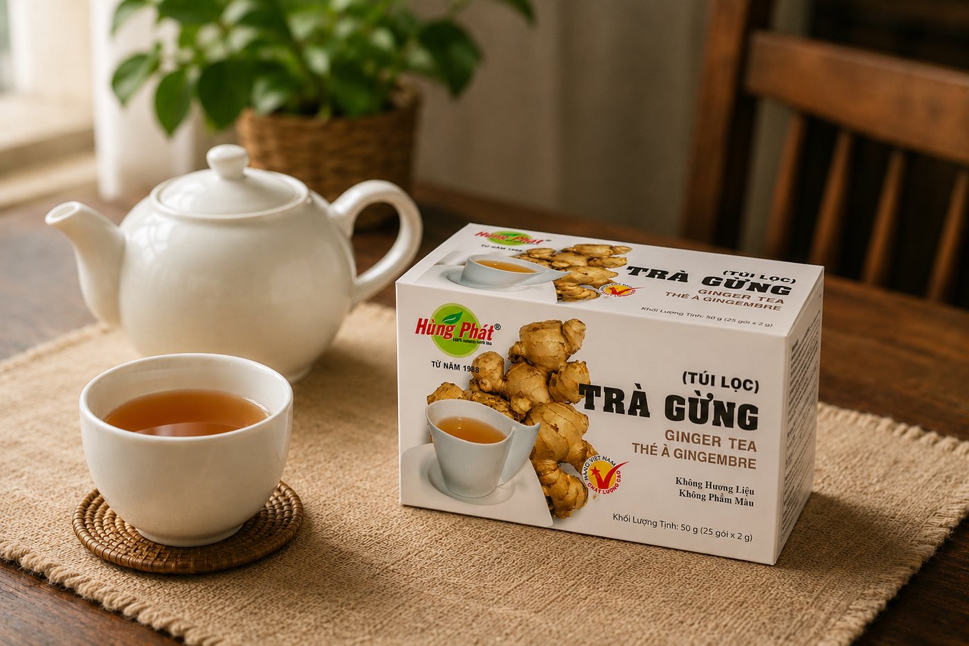 Trà Gừng Hùng Phát - Trà gừng túi lọc: vị ổn định, không đường, tiện cho gia đình