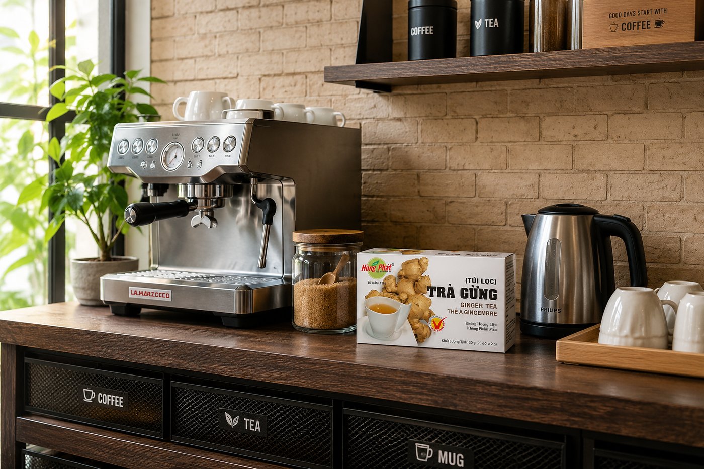 Trà Gừng Hùng Phát - Pantry văn phòng có gu cần dòng trà có bao bì hài hòa với không gian (ưu tiên bao bì gọn