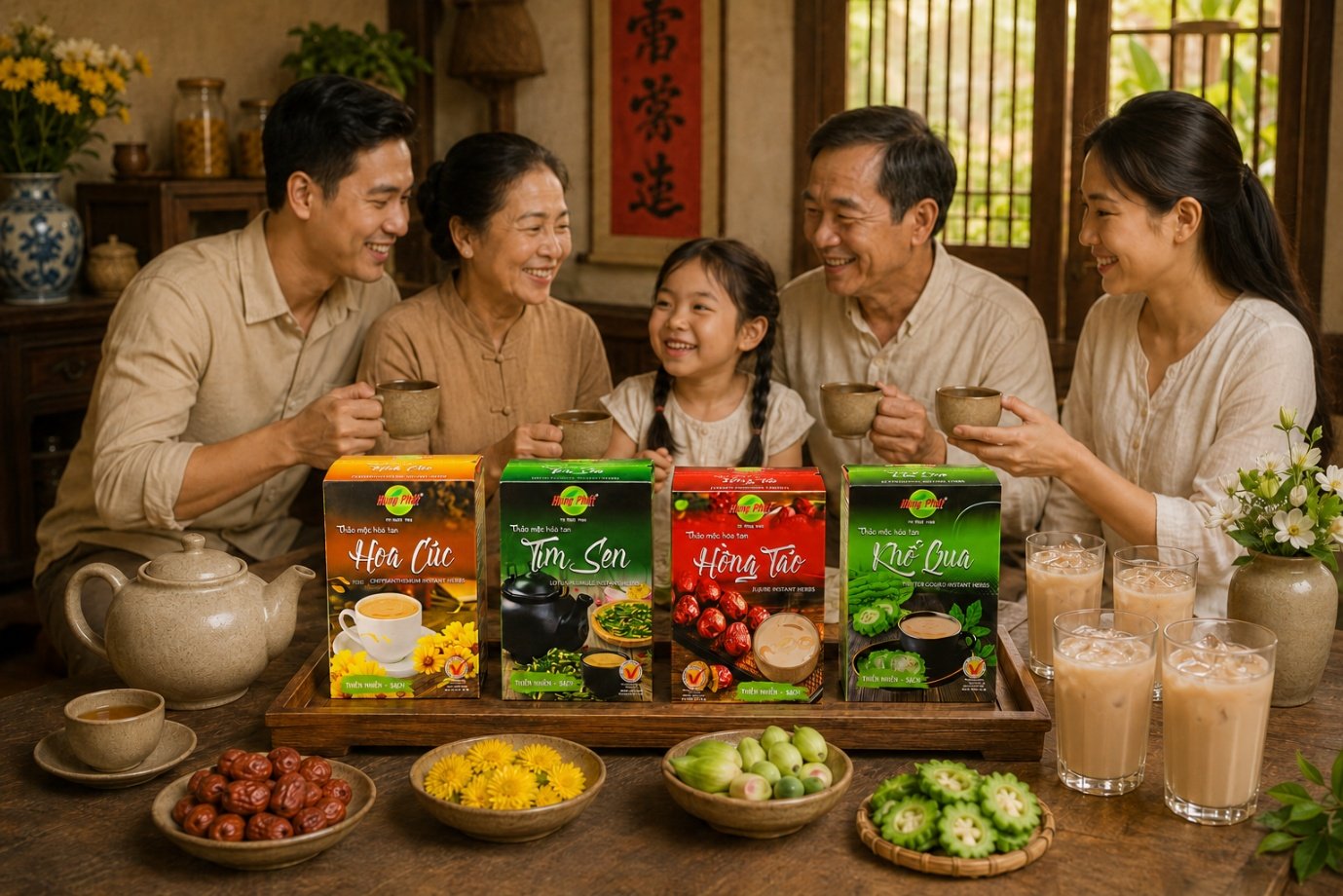 Bốn vị thảo mộc hòa tan Hùng Phát sau khi pha nóng và lạnh Gợi ý dùng gọn tại nhà và văn phòng Ở nhà, anh/chị