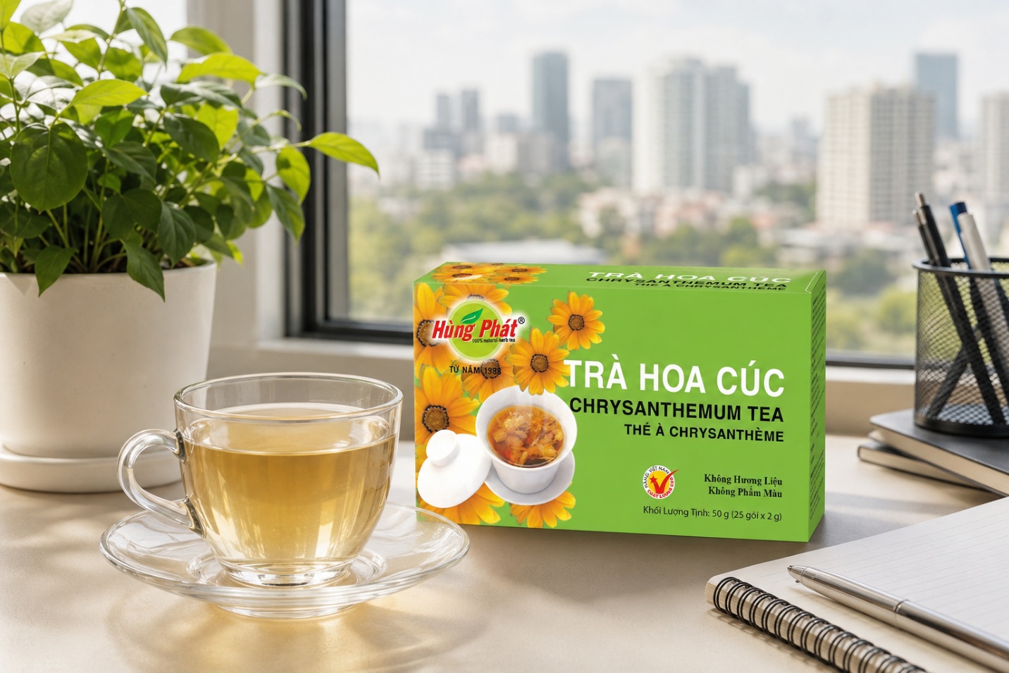 hộp Trà Hoa Cúc Hùng Phát đặt cạnh tách trà nóng trên bàn làm việc buổi sáng, ánh sáng tự nhiên nhẹ