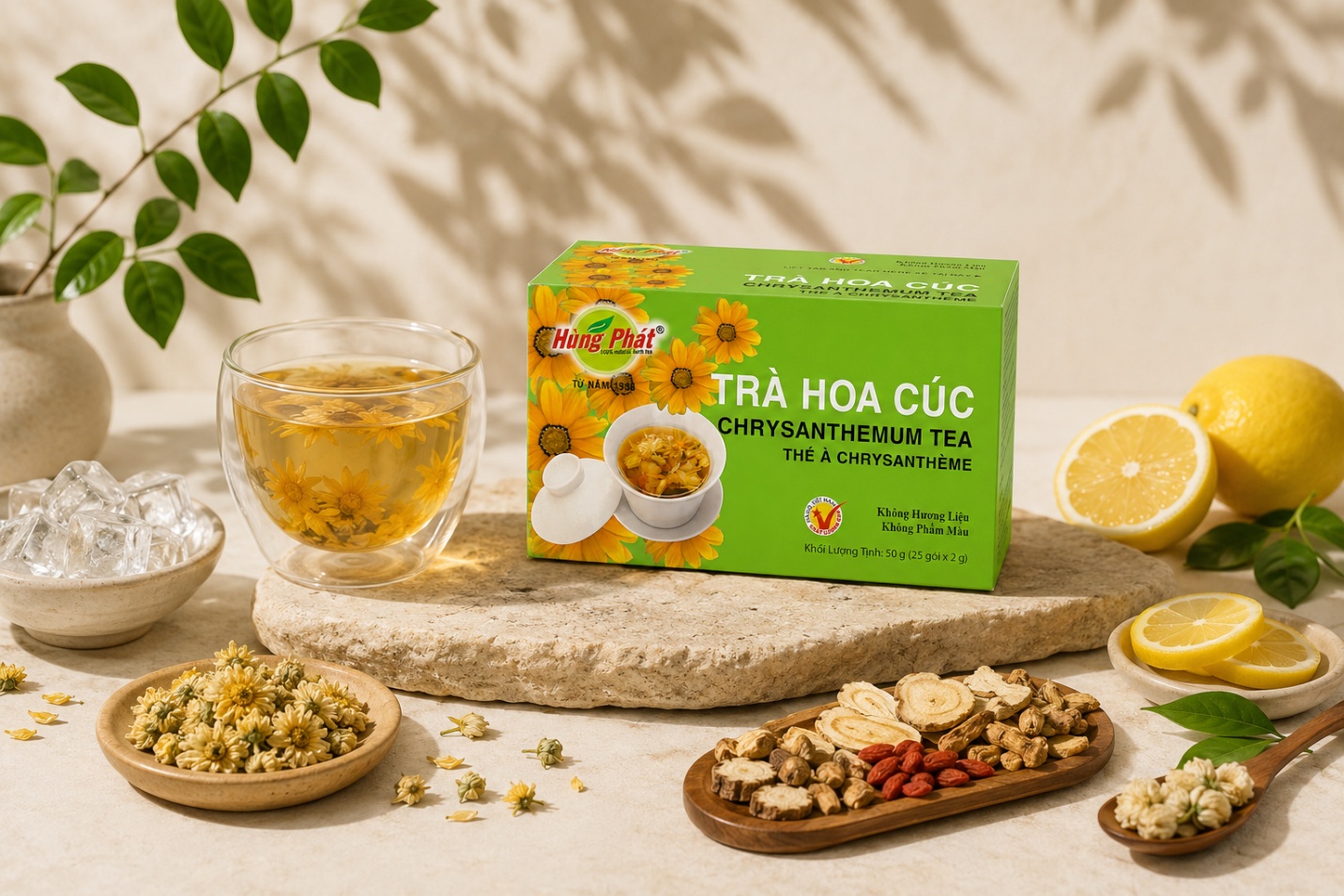 tách trà hoa cúc bốc khói đặt trên bàn gỗ tối, ánh đèn vàng ấm buổi tối, phông nền mờ nhẹ