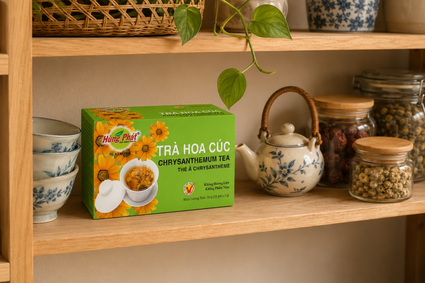 tách trà hoa cúc đặt trên bàn gỗ mộc, bên cạnh vài cánh hoa cúc khô, ánh sáng tự nhiên chiều tà