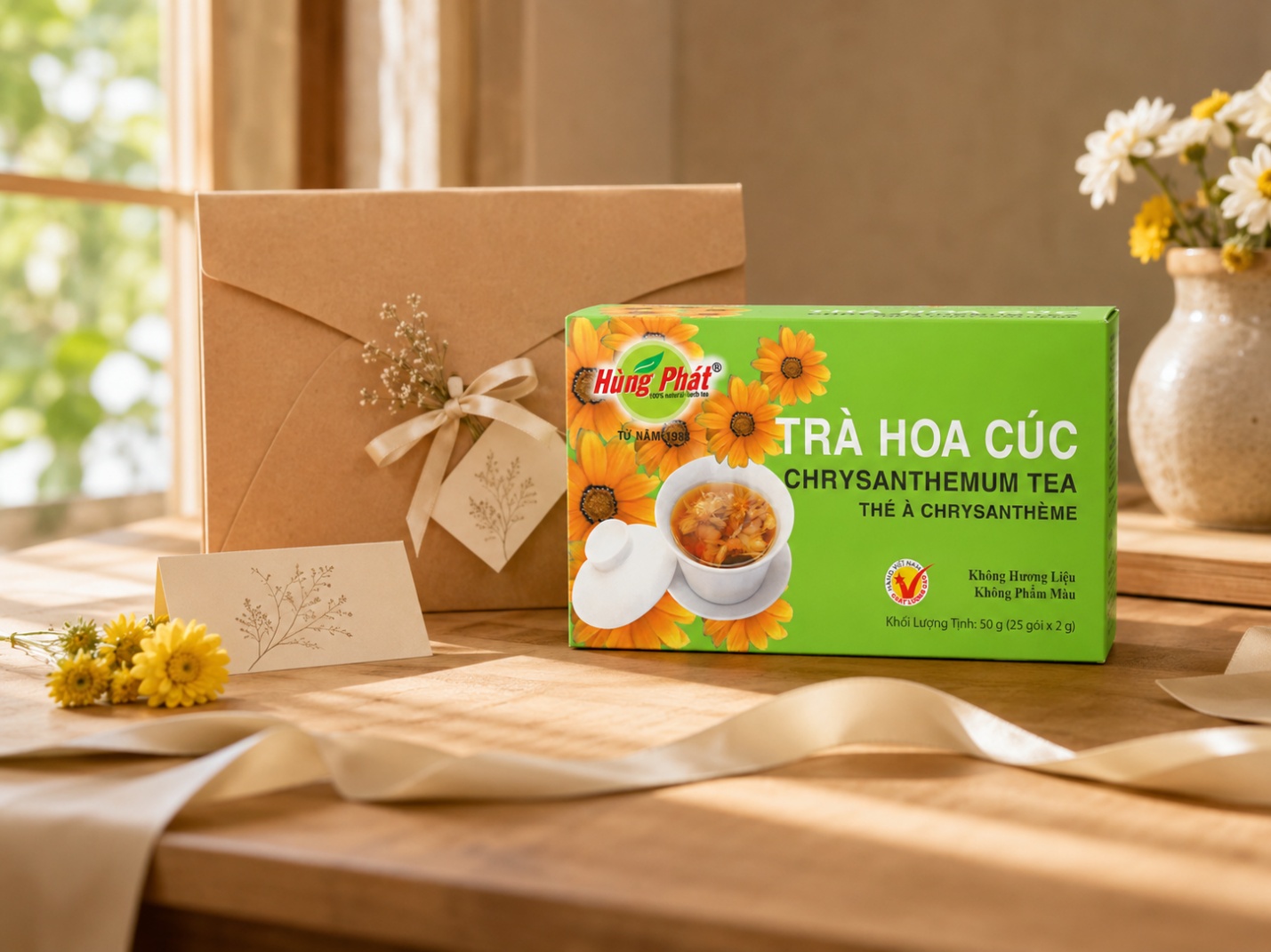 hộp Trà Hoa Cúc Hùng Phát đặt trên mặt bàn gỗ, phong bì quà và ruy băng nằm cạnh