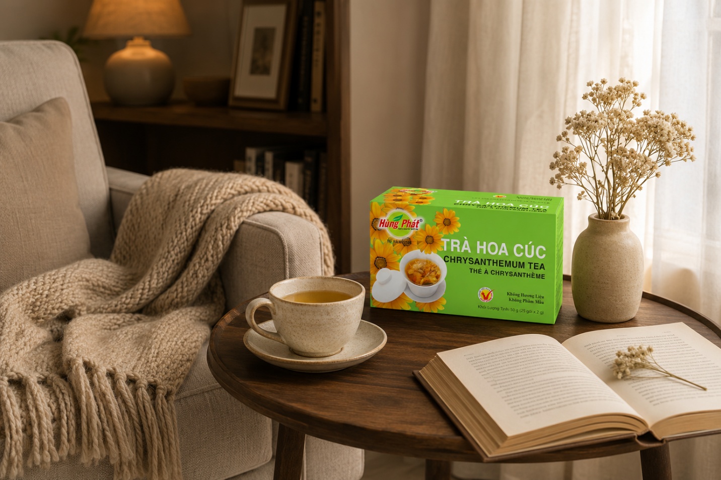 cụm hoa cúc khô nguyên cánh đặt cạnh túi lọc trà đóng gói, chụp cận