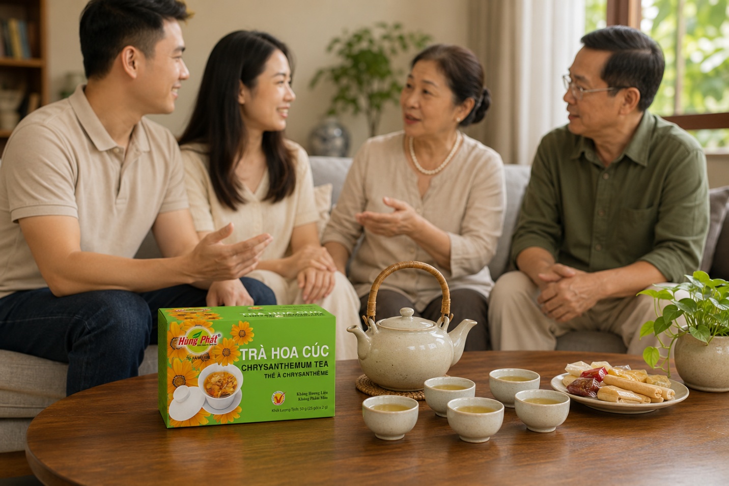 ảnh chụp gần từng nguyên liệu riêng lẻ — hoa cúc khô, lát atiso, cỏ ngọt, rễ nhàu, nấm linh chi — xếp theo hàng trên nền trắng