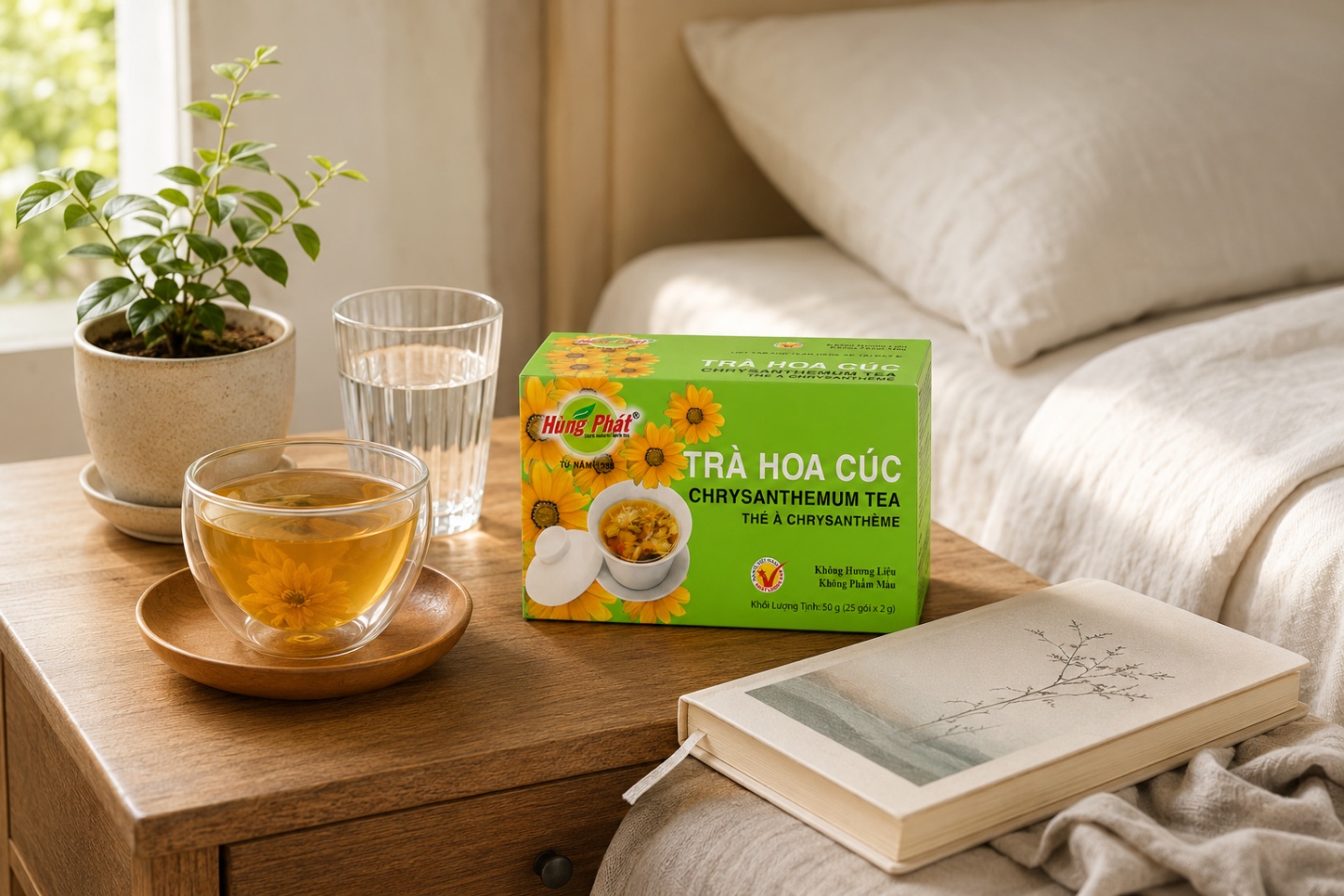 hai tách trà hoa cúc — một nóng buổi sáng, một lạnh có đá buổi chiều, đặt cạnh nhau