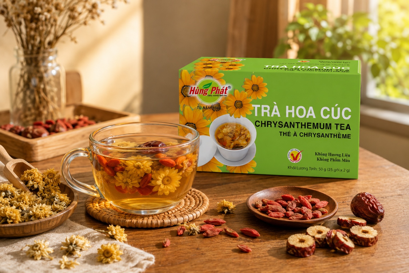 tách trà hoa cúc kỷ tử táo đỏ màu hồng đào ấm, đặt trên bàn gỗ, bên cạnh vài hạt kỷ tử và lát táo đỏ khô