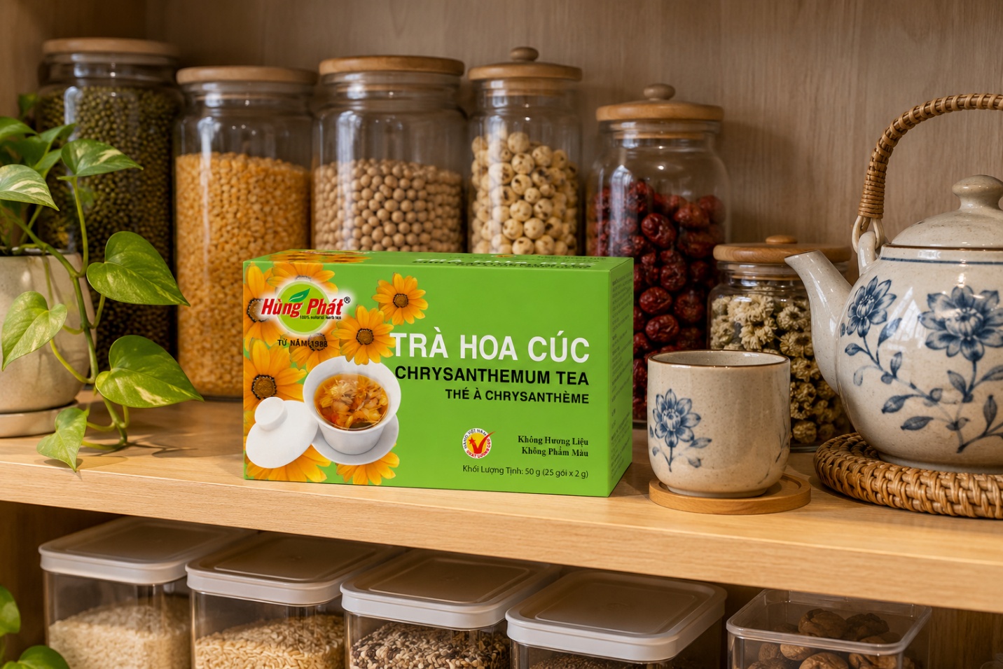 cận cảnh túi lọc trà hoa cúc đang ngâm trong tách thủy tinh, màu nước vàng nhạt, hơi nước mờ nhẹ