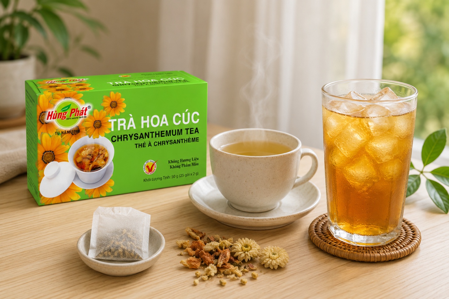 so sánh hai hình ảnh — hoa cúc khô nguyên cánh đặt trong bát sứ nhỏ bên trái, túi lọc trà hoa cúc Hùng Phát bên phải