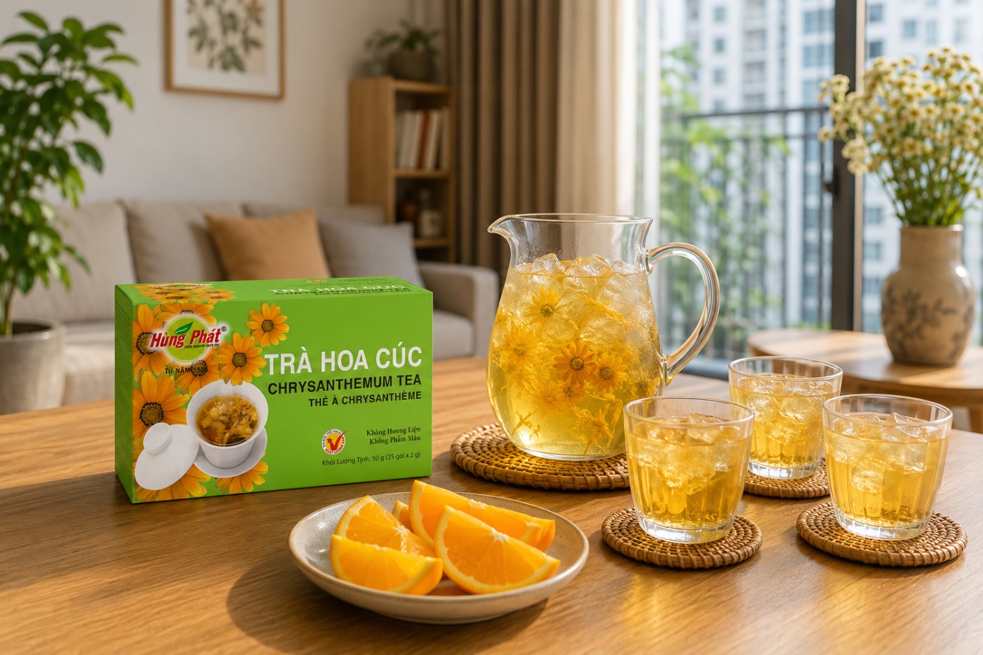 hộp Trà Hoa Cúc Hùng Phát dạng túi lọc chụp rõ mặt trước bao bì, bối cảnh nền sáng tối giản
