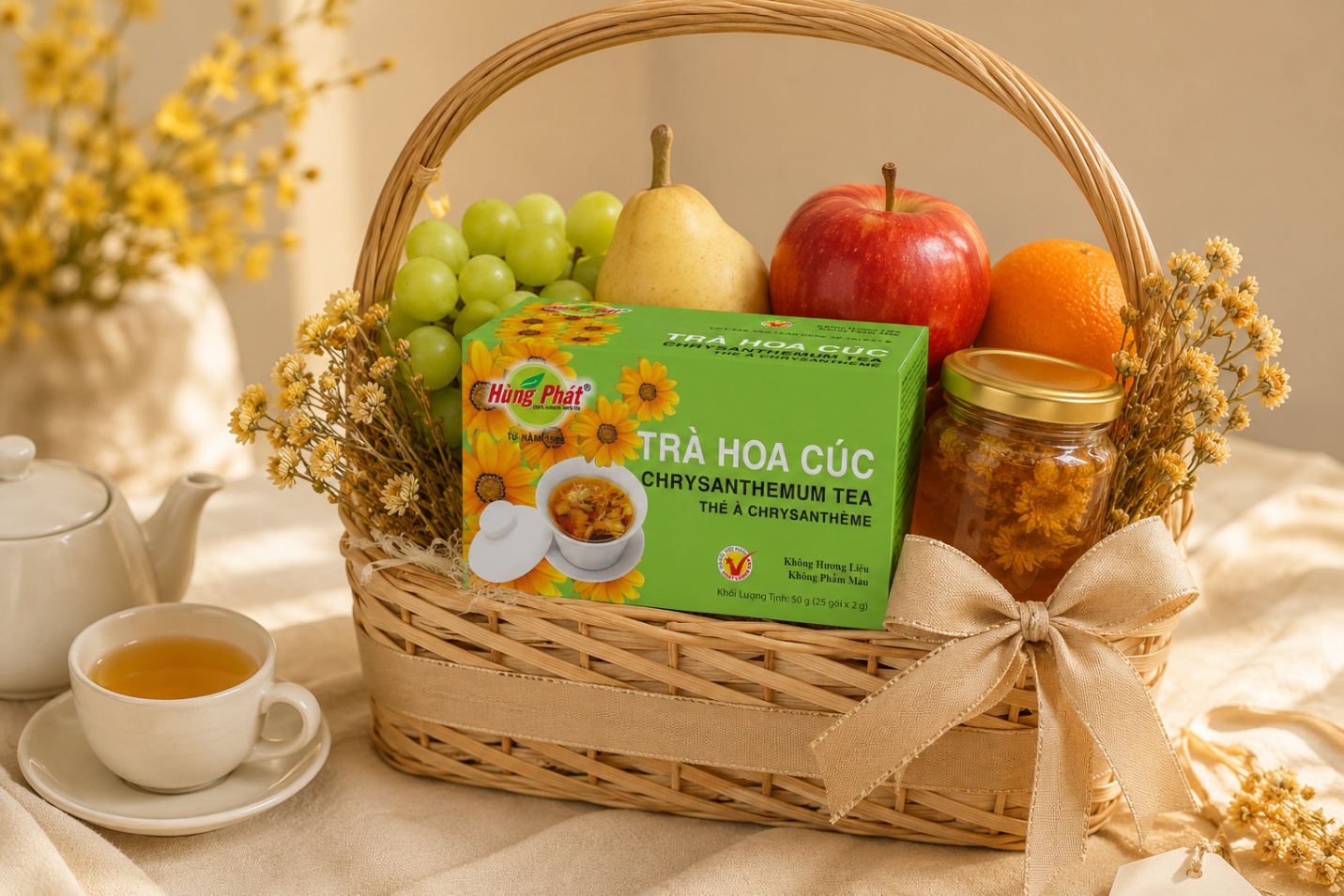 hộp Trà Hoa Cúc Hùng Phát được đặt trong hộp quà tặng nhỏ, trang nhã, nền trắng