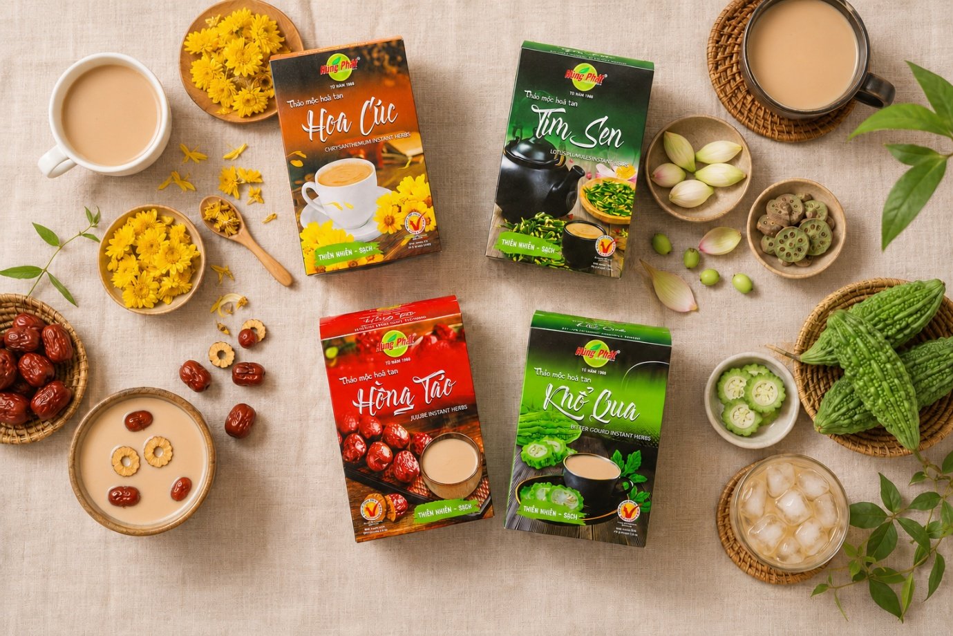 Thảo Mộc Hòa Tan Hùng Phát: Nhóm 4 Vị Dễ Pha Cho Mỗi Ngày - Vị Hoa Cúc có thành phần công bố gồm Hoa Cúc, Táo