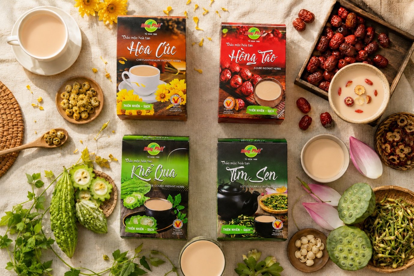 Nhóm 4 vị thảo mộc hòa tan Hoa Cúc Tim Sen Hồng Táo Khổ Qua Khác nhau ở quy cách và cách cất giữ Thảo mộc hòa