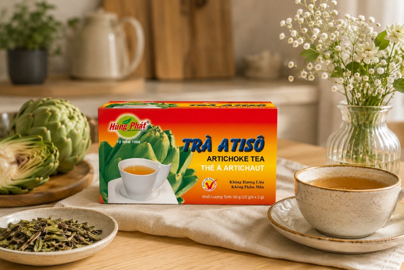 Trà Atisô Hùng Phát - Với Trà Atisô Hùng Phát, sản phẩm được đóng theo quy cách hộp 50g, gồm 25 gói túi lọc,