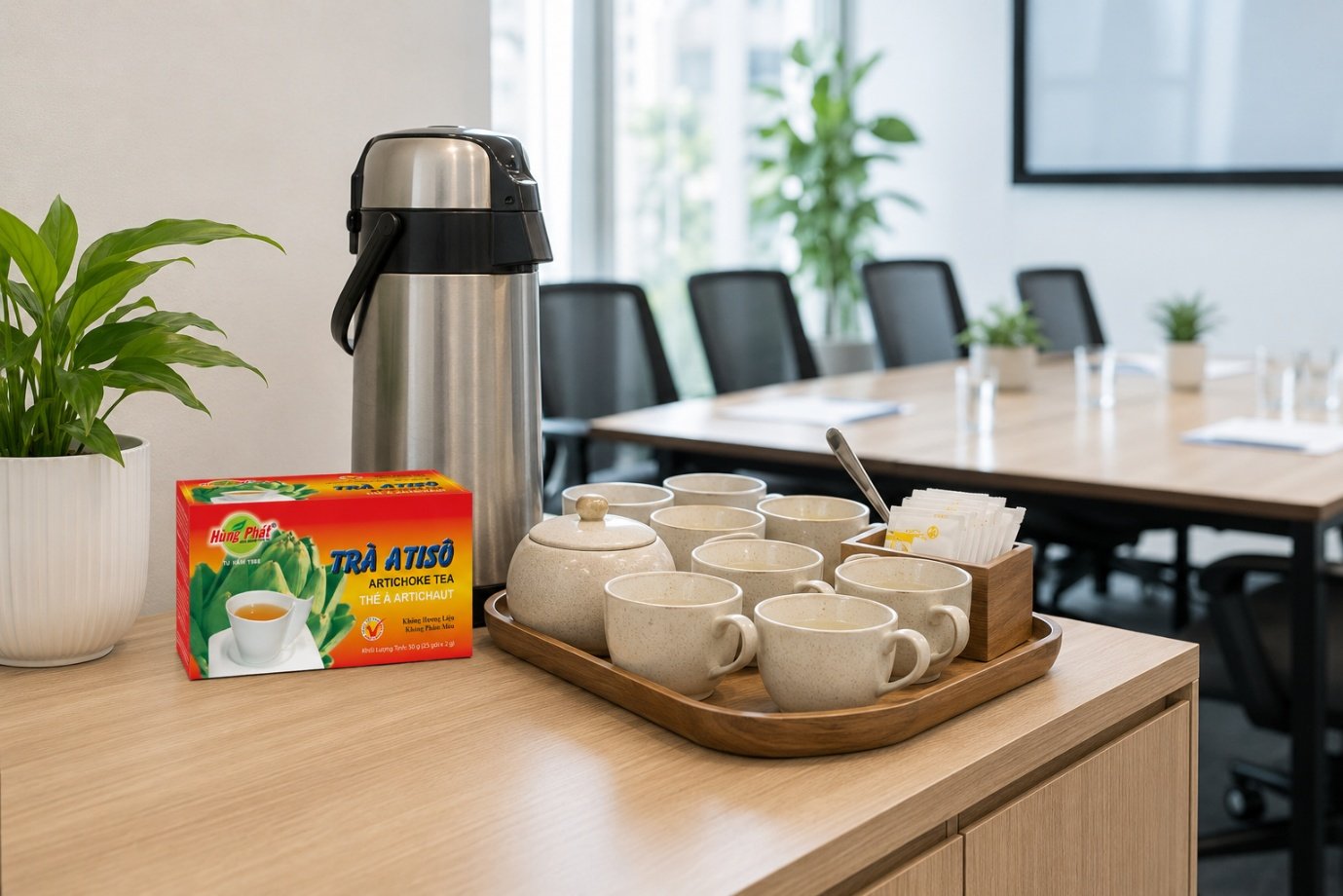 Trà Atisô Hùng Phát - Quy cách hộp và thùng cho nhu cầu văn phòng
