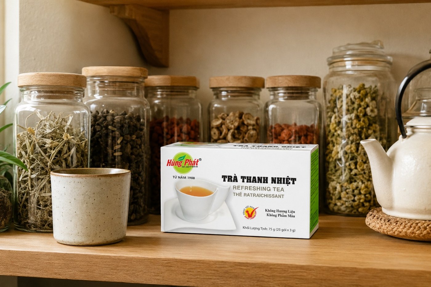 hộp Trà Thanh Nhiệt Hùng Phát đặt trên bàn gỗ cạnh tách trà đang bốc khói, nền sáng tự nhiên