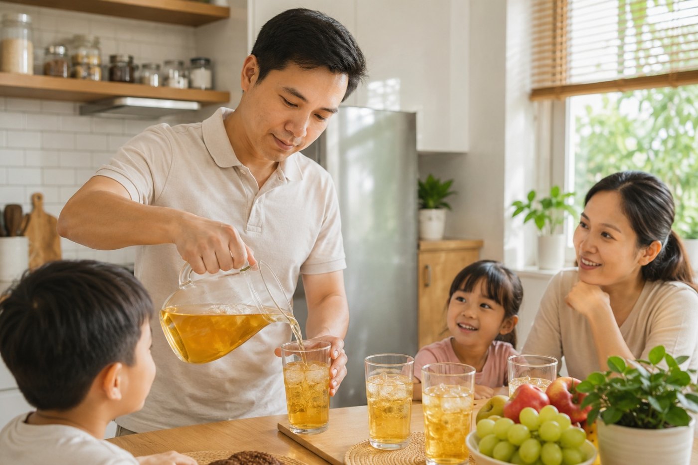 ba góc sinh hoạt đặc trưng 3 miền — bình trà đất nung miền Bắc, tách trà đá miền Trung, ly trà thảo mộc lạnh miền Nam