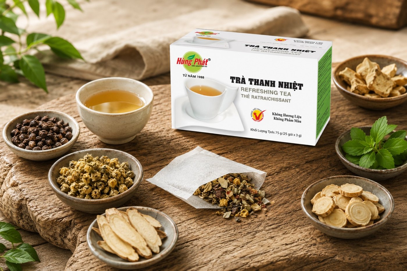 bộ sưu tập các loại thảo mộc khô — atiso, hoa cúc, gạo lứt, hoa hòe — sắp xếp trên mặt vải thô tự nhiên
