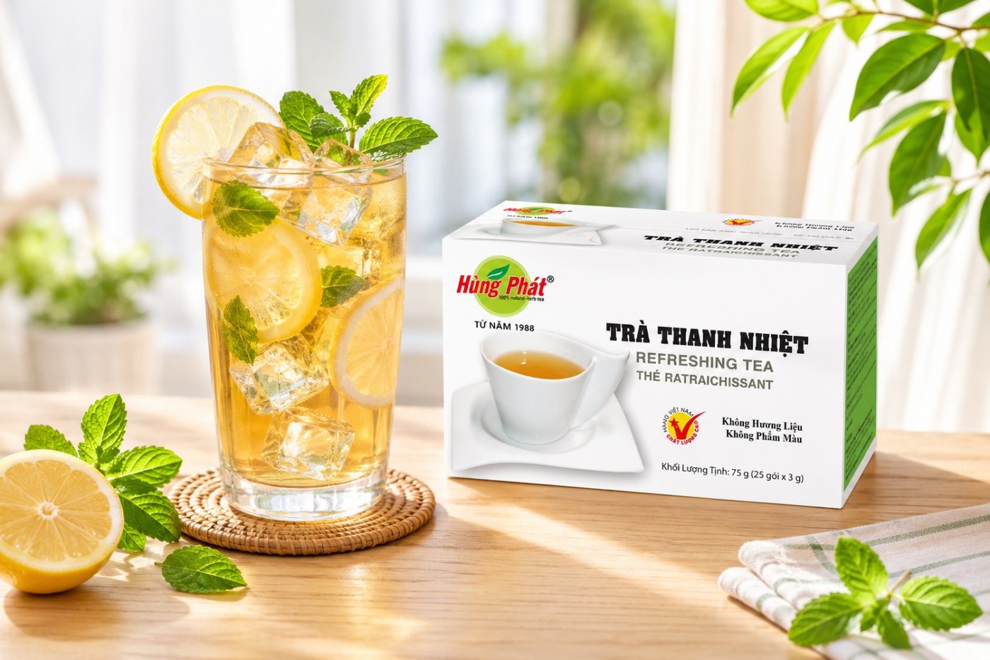Hộp Trà Thanh Nhiệt Hùng Phát 75gr bên cạnh ly trà đá thảo mộc trên bàn gỗ sáng, có đá viên và lát chanh