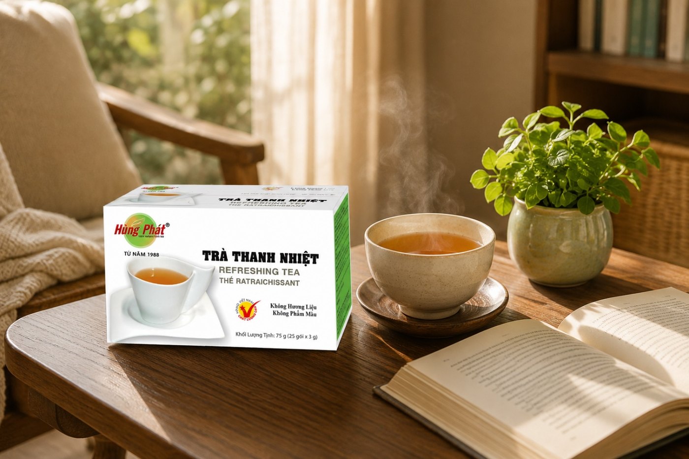 Túi trà thảo mộc đang ngâm trong tách nước sôi trong vắt, hơi nước nhẹ bốc lên