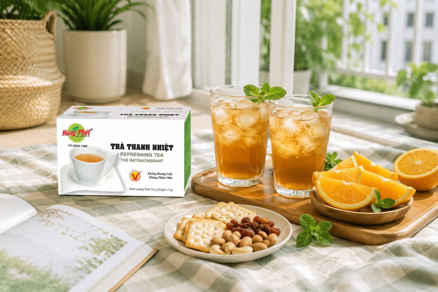 Ly trà đá thảo mộc vàng nhạt có lát chanh và mật ong nhỏ giọt, nhìn từ trên xuống