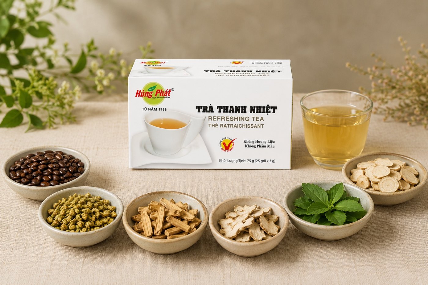 Ảnh minh hoạ tinh thần Trà–Chay–Thiền – một góc yên tĩnh với tách trà thảo mộc, lá xanh và ánh sáng tự nhiên