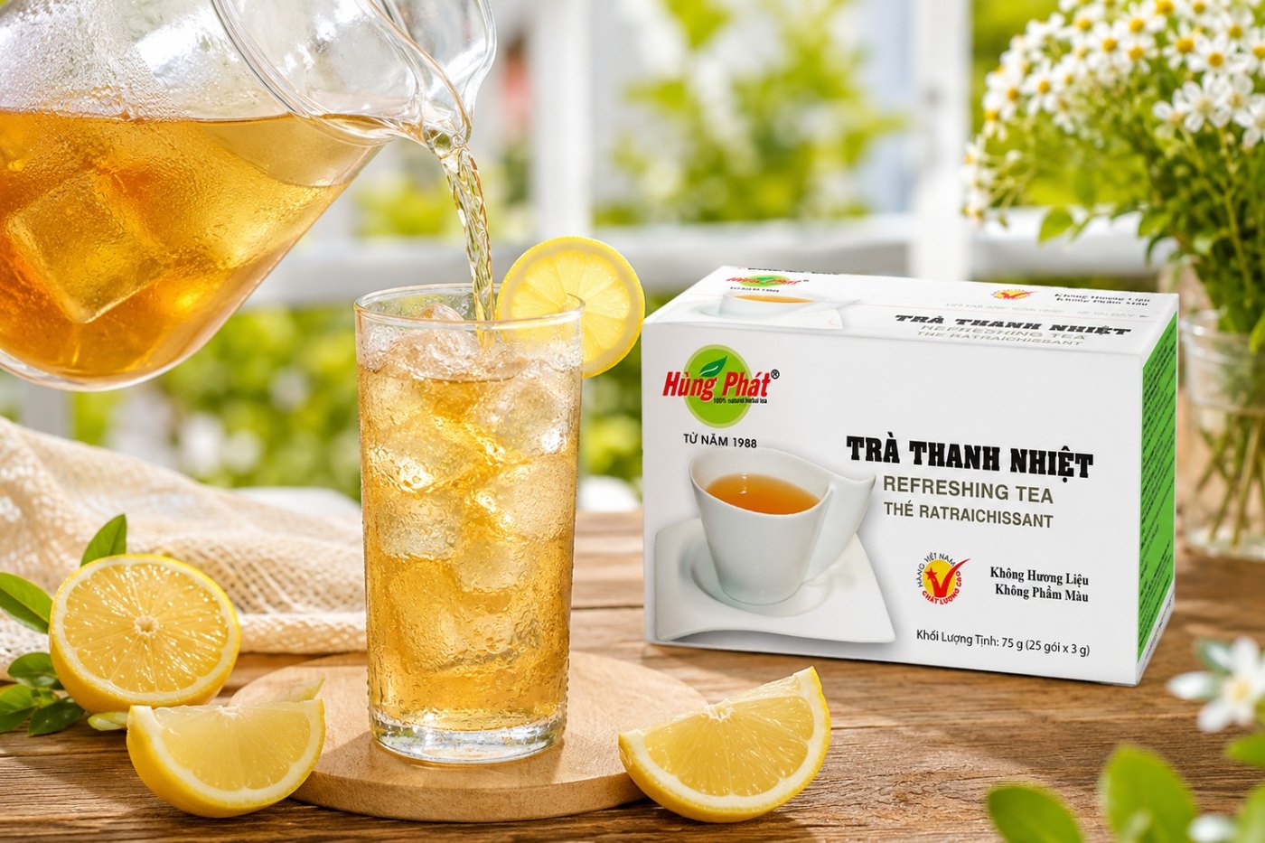 Ảnh minh hoạ 6 nguyên liệu thảo mộc – Thảo Quyết Minh, Hoa Hòe, Cam Thảo, Rễ Nhàu, Cỏ Ngọt, Sâm đặt trên mặt phẳng sáng tự nhiên
