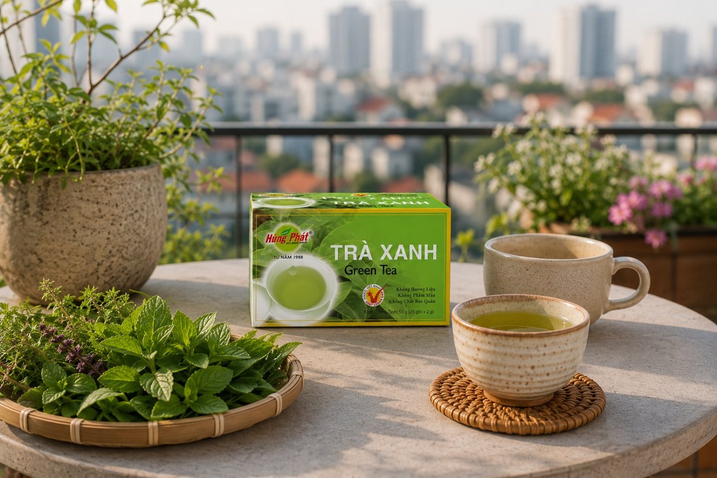 chính: món uống từ trà xanh tại nhà - Buổi trưa hè, nhiệt độ ngoài trời đã qua đỉnh, ly nước lọc vẫn không
