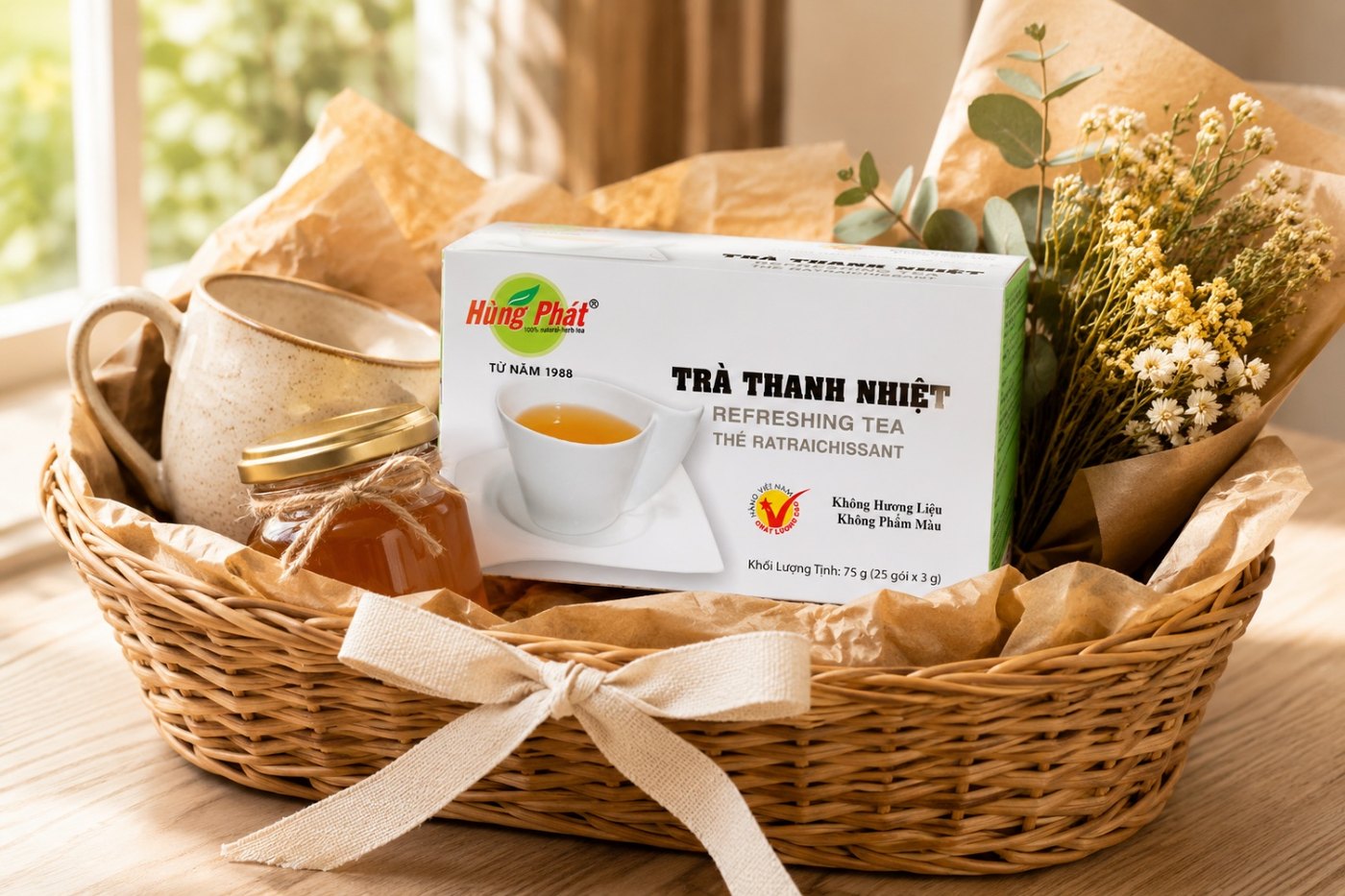 Hộp Trà Thanh Nhiệt Hùng Phát đặt trên mặt bàn gỗ sáng, túi lọc bên cạnh, ánh sáng tự nhiên ban ngày