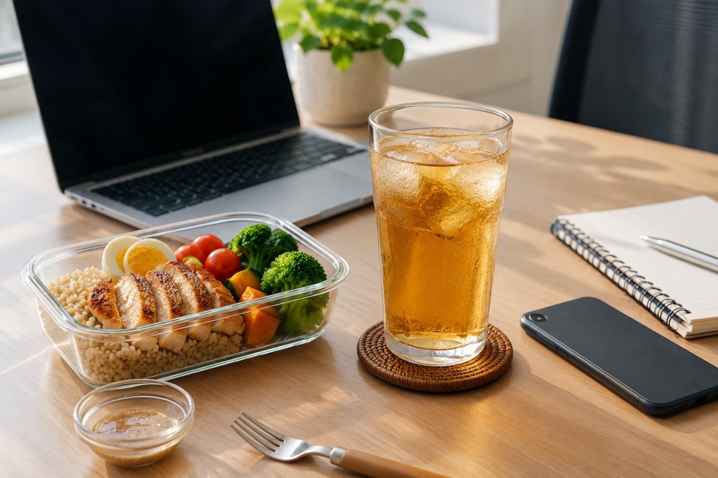 người ngồi làm việc trước màn hình, đặt tách trà bên cạnh, phòng sáng thoáng
