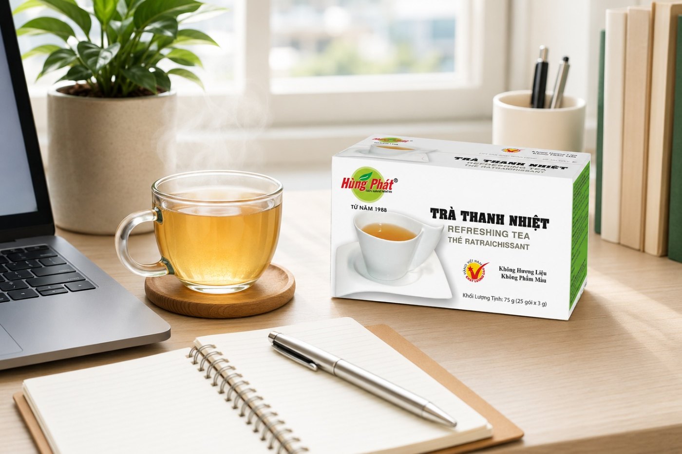 túi lọc Trà Thanh Nhiệt ngâm trong ly thủy tinh, nước có màu vàng nâu nhạt nhẹ
