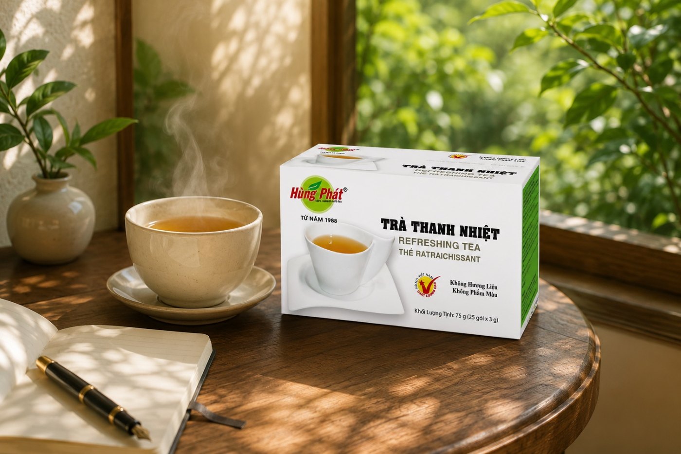 hộp Trà Thanh Nhiệt Hùng Phát 75gr đặt trên mặt bàn gỗ, ánh sáng tự nhiên, hông hộp hiển thị rõ tên sản phẩm