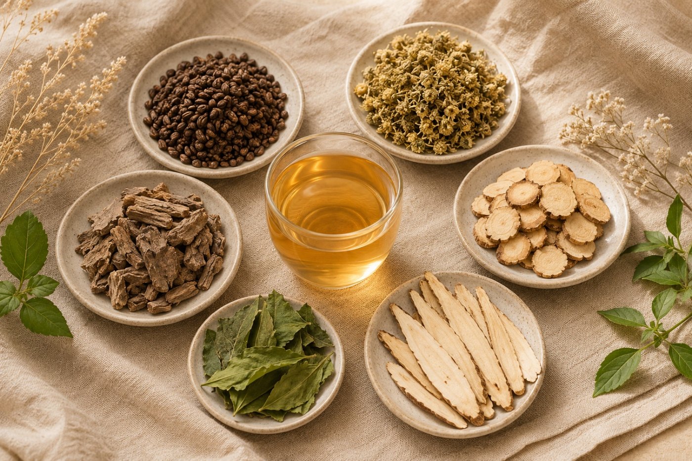 6 nguyên liệu thảo mộc khô bày trên khay gỗ nhỏ, mỗi loại một góc, ánh sáng studio sáng nhẹ