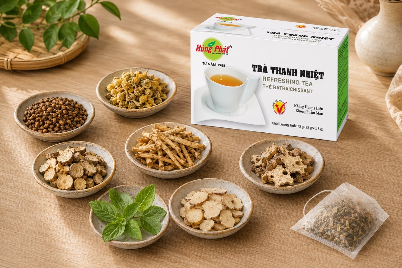 cận cảnh các nguyên liệu thảo mộc: Thảo Quyết Minh, Hoa Hòe, Cam Thảo, Rễ Nhàu, Cỏ Ngọt, Sâm đặt trên nền vải thô