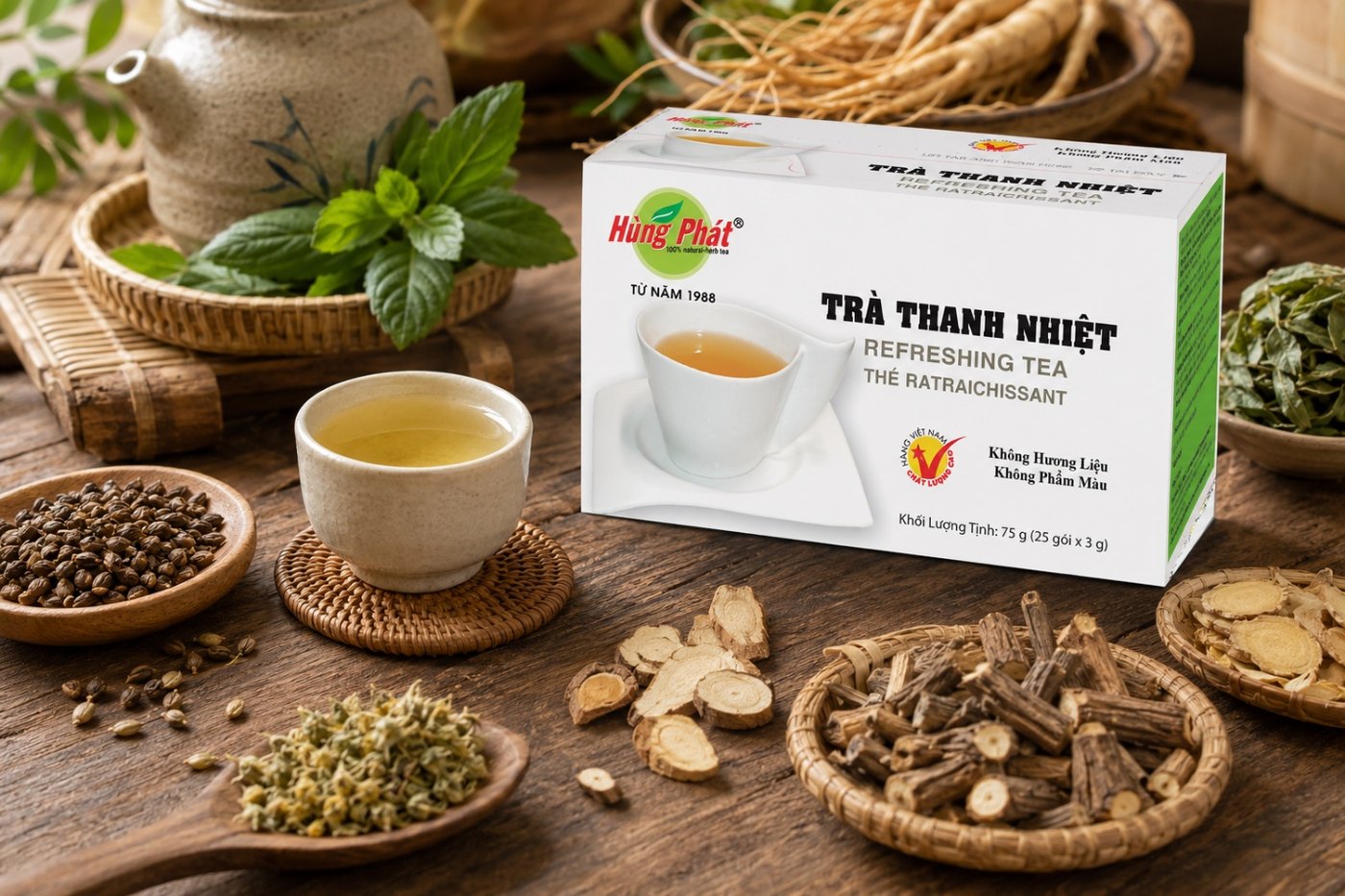 ly trà thanh nhiệt màu vàng hổ phách nhạt, có đá, đặt trên bàn gỗ sáng bên cạnh hộp trà