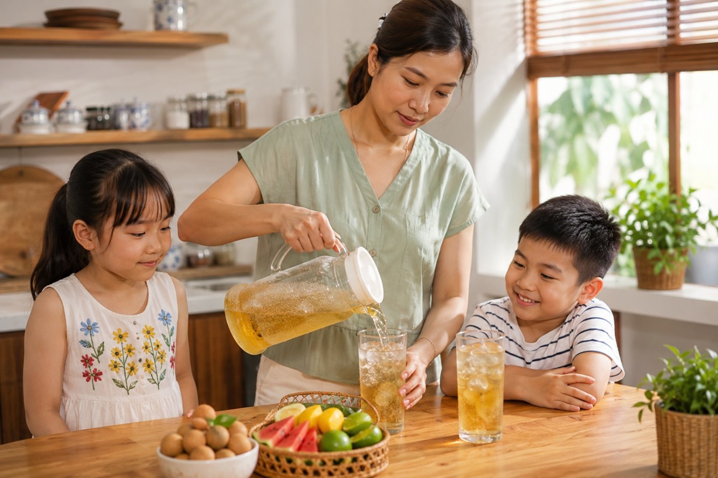 ba ly trà ở ba thời điểm khác nhau – ly nóng buổi sáng, ly có đá buổi trưa, ly nhỏ buổi chiều